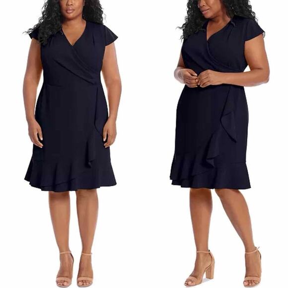 London Times Plus Size Pleated Flounce Surplice Dress Navy Size US 14W - Picture 6 of 10